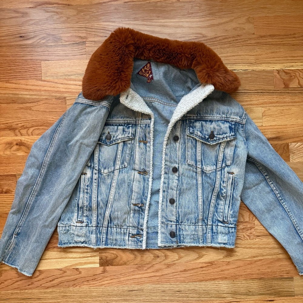 Signature8 Denim Jacket with Rust Faux Fur Removable Collar